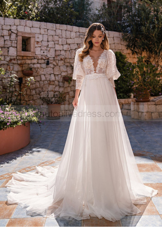 Puff Sleeves Beaded Fabulous Bling-bling Wedding Dress